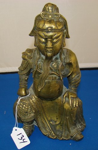 ANTIQUE BRONZE FIGURINE OF A SAMURI: ANTIQUE BRONZE FIGURINE OF A SAMURI Approx 11" tall, very heavy, was probably part of fireplace set, excellent condition, all original patina, buyer arranges shipping, we can recommend local shipper.