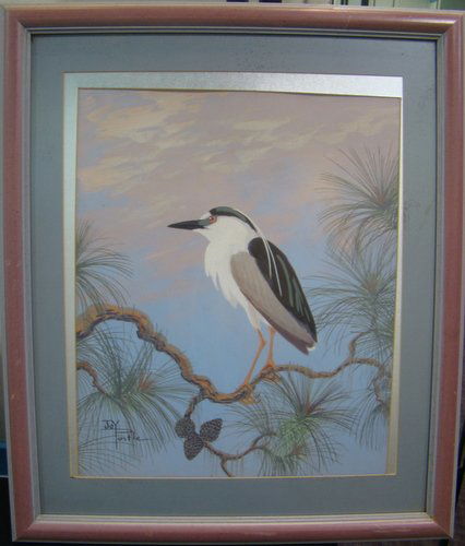JOY POSTLE "MAGIC CHALK" BIRD TEMPERA: Floridian chalk artist known for her murals, titled "Night Heron in Splash Pine" this tempera is signed in the lower left and measures approx: 15" x 19" plus frame, buyer arranges shipping, we can rec