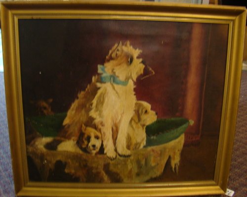 M. CHAIN "TERRIER" OIL ON CANVAS: Antique piece depicting 4 dogs in their bed, signed and dated 1910 in lower right, 3 small holes and 1 large tear in need of repair, measures: 24" x 20" plus frame, buyer arranges shipping, we can rec