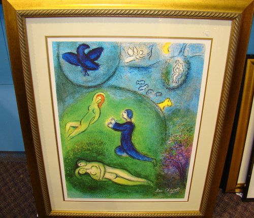 MARC CHAGALL "DAPHNE & CHLOE" LITHOGRAPH: Great piece titled "Daphne & Chloe" with facsimile signature in lower right and numbered 14/300 in lower left, approx. 20" x 26" plus frame, buyer arranges shipping, we can recommend local shipper.