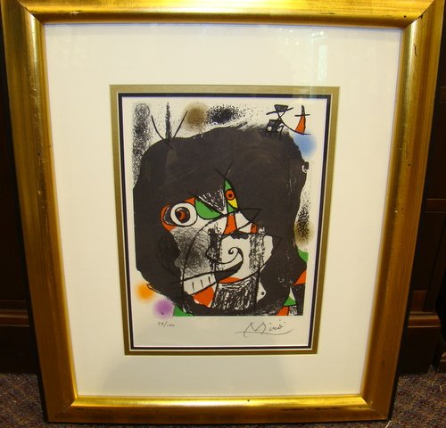 JOAN MIRO "ILLUSTRATION II" LITHOGRAPH: Hand signed piece by Miro titled "Illustration II", signature in lower right and numbered 28/100 in lower left, approx. 10" x 14" plus frame, buyer arranges shipping, we can recommend local shipper.