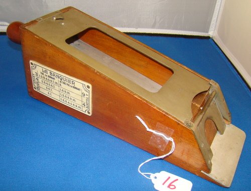 VINTAGE MONTE CARLO CASINO BACCARAT DEALER: Circa 1930's Baccarat card shoe holder, with Ivory plaque on side showing the rules of the game, shoe measures 15" long with handle, made in Paris, in excellent condition, buyer arranges shipping, we 