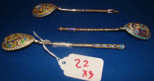 THREE RUSSIAN STERLING ENAMELED SPOONS: Two measure approx. 4" and the other 5.5" long, each spoon marked "84", buyer arranges shipping, we can recommend local shipper.