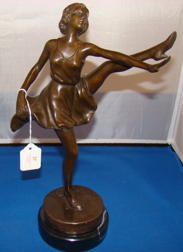 LOVELY VINTAGE BRONZE OF FEMALE DANCER - BZACH: 12" bronze standing on 1" marble base, with a raised circular J.B. Deposse foundry mark, made in Paris, signed to base "Bzach", buyer arranges shipping, we can recommend local shipper.