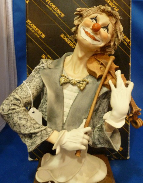 G.ARMANI CLOWN WITH VIOLIN: G.ARMANI CLOWN WITH VIOLIN signed to base; limited edition 423/5000;mint in box;approx 15" tall we caqn recommend local shippers