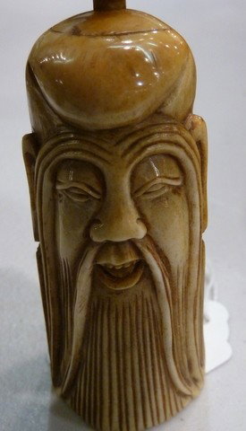 ANTIQUE CARVED BONE OPIUM VESSEL: ANTIQUE CARVED BONE OPIUM VESSEL Approx 3" tall, of an elder
