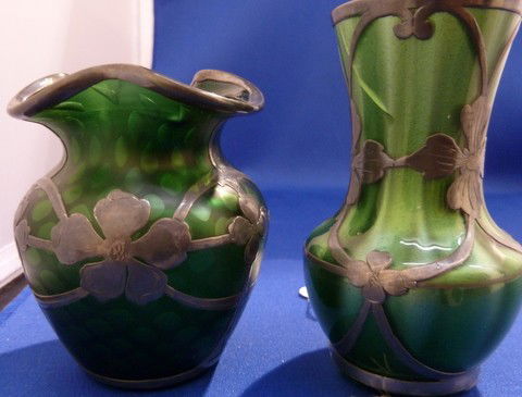 PAIR OF ANTIQUE SILVER OVERLAY LOETZ VASE.: PAIR OF ANTIQUE SILVER OVERLAY LOETZ VASE. Tallest being 4". All silver intact. Please note slight glass damage to both