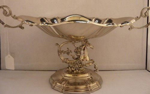 PAIR ANTIQUE STERLING LARGE EPERGNES HORSE: PAIR ANTIQUE STERLING LARGE EPERGNES HORSE Each aprox 16" across handle to handle and 9" high over 65 0z fabulous condition