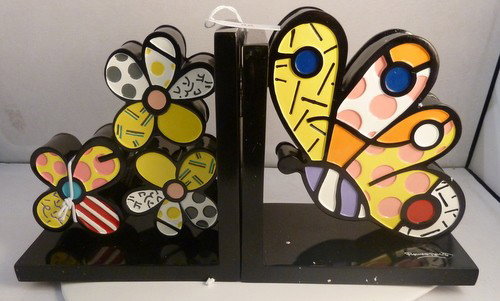 ROMERO BRITTO FLORAL BOOKENDS: ROMERO BRITTO FLORAL BOOKENDS approx 6"tall; new in box