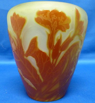 ANTIQUE GALLE CAMEO LEAF VASE: ANTIQUE GALLE CAMEO LEAF VASE standing 5" tall;in hues of amber and brown;dating 1904-1912 we can recommend local shipper