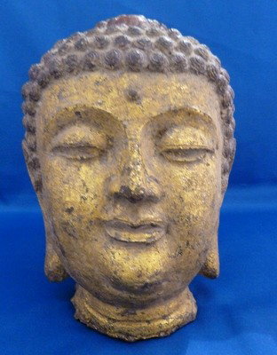 ANTIQUE CAST IRON BUDDHA HEAD: ANTIQUE CAST IRON BUDDHA HEAD approx 10" tall;speckled gold finish we can recommend local shipper