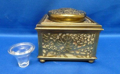 TIFFANY STUDIO BRONZE & FAVRILLE SIGNED INKWELL: TIFFANY STUDIO BRONZE & FAVRILLE INKWELL approx 4" square;in grapevine pattern we can recommend local shippers