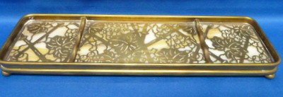 TIFFANY STUDIO BRONZE& FAVRILLE SIGNED PIN TRAY: TIFFANY STUDIO BRONZE& FAVRILLE PIN TRAY approx 10" long;grapevine pattern we can recommend local shippers