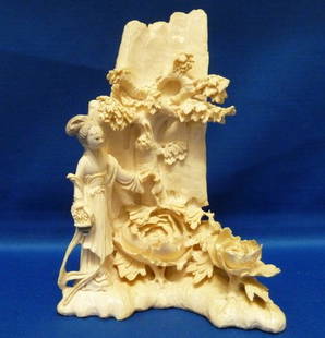 19TH CENTURY ORIENTAL IVORY LARGE GROUPING: 19TH CENTURY ORIENTAL IVORY LARGE GROUPING Of a Quan yin in the garden aprox 8" tall all carved leaves and branches, small loses, late 1880's we can recommend local shippers