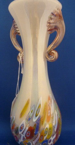 MILLEFIORI DOUBLE HANDLES LUSTRE VASE: MILLEFIORI DOUBLE HANDLES LUSTRE VASE approx 9" tall we can recommend local shippers