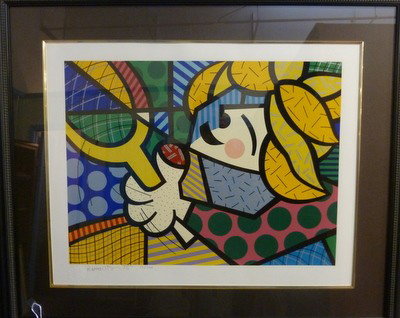 LARGE SIGNED SERIGRAPH BY ROMERO BRITTO: LARGE SIGNED SERIGRAPH BY ROMERO BRITTO "TENNIS PLAYER" approx 21x25" plus beautiful frame;signed in pencil lower we can recommend local shippers left;77/300;also hs Britto seal embossed into paper; C