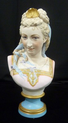 ANTIQUE LARGE FRENCH BISQUE BUST: ANTIQUE LARGE FRENCH BISQUE BUST signed CARRIER;approx 21" tall;Madame Pompadoe;circa 1900 we can recommend local shippers