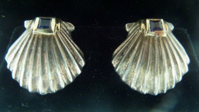 14KT & STERLING TIFFANY SEASHELL EARRINGS: 14KT & STERLING TIFFANY SEASHELL EARRINGS signed Tiffany;with small sapphire accent stone;circa 1950's we can recommend local shippers