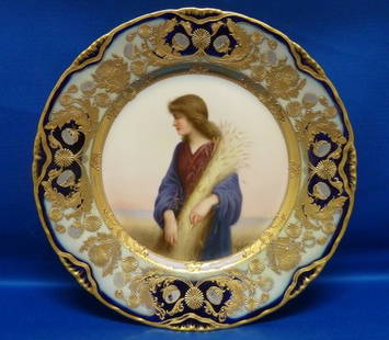 WAGNER ROYAL VIENNA ANTIQUE PLATE: WAGNER ROYAL VIENNA ANTIQUE PLATE fabulous 8" Royal Vienna plate depicting RUTH;embossed in antique raised gold highlights over cobalt ground;with beehive mark to back under glaze;in absolute flawless