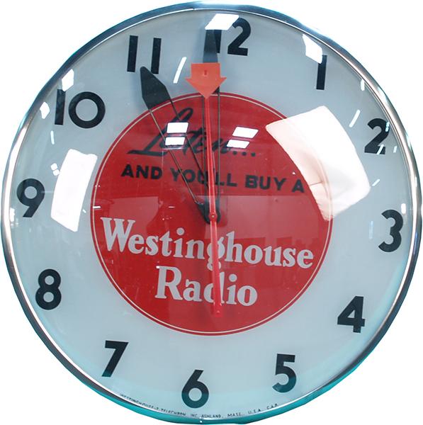 Westinghouse Radio Light-Up Clock: Westinghouse Radio Light-Up Clock "Listen...And You'll Buy A..." by Telechron Inc. Ashland, MASS. - 14" diam