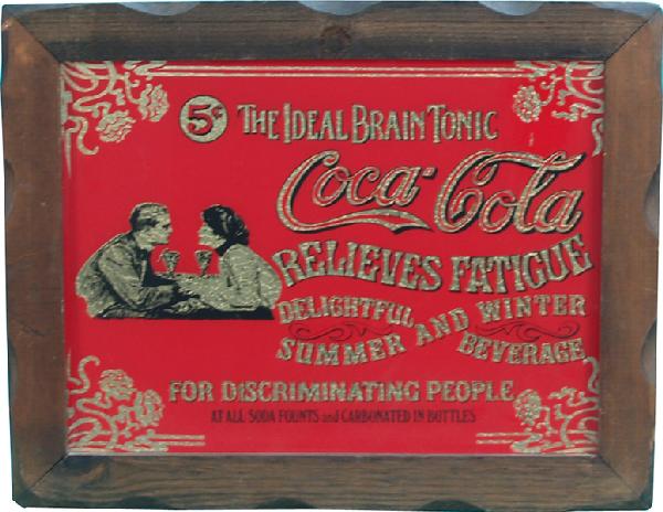 Coca Cola Reverse Glass Sign: Coca Cola Reverse Glass Sign "5 Cent The Ideal Brain Tonic" in frame (contemporary) - 18" x 14"