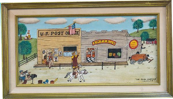Original Signed Oil Painting By M. Falco,: Original Signed Oil Painting By M. Falco, depicting US Post Office/"The Pony Express" in frame - 19" x 11"