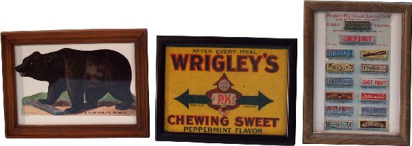 Lot Of 3 Chewing Gum Advertisements In Frames:: Lot Of 3 Chewing Gum Advertisements In Frames: 1 - Wrigley Gum paper ad c1900 - 6" x 8", 1 - Wrigley P.K. Gum felt ad - 8" x 6" & 1 - Primley's Gum die-cut cardboard bear ad - 7" x 5"