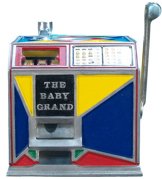 5 Cent Countertop C & F "The Baby Grand" 3-Reel: 5 Cent Countertop C & F "The Baby Grand" 3-Reel Miniature Slot Machine c1932 w/ Jackpot, nice older restoration w/ keys Early lightweight smallersized payout machine.