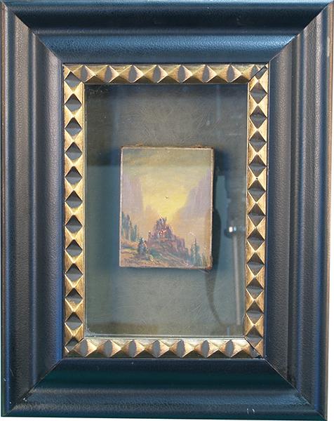 Small Original A.D.M. Cooper Oil Painting c1916,: Small Original A.D.M. Cooper Oil Painting c1916, depicting indians on mountain side praising an eagle at sunset - image size 4" x 6" frame size 15" x 20"