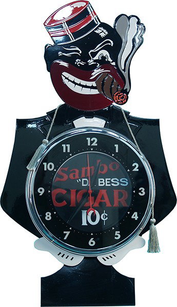 Sambo 10 Cent Cigar Stand Alone Die-Cut Embossed P: Sambo 10 Cent Cigar Stand Alone Die-Cut Embossed Porcelain "Sambo" figure smoking a cigar w/ clock, works, great condition - 34" tall