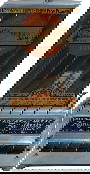 5 Cent 6 Column "National Self-Service Machine": 5 Cent 6 Column "National Self-Service Machine" Vending Machine c1925 (for mints & chewing gum) by Chicago Gum & Candy Co. Chicago, ILL. w/ keys