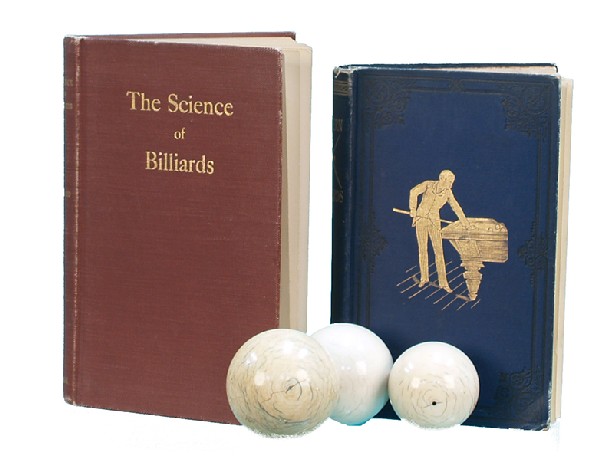Lot Of 5 Billiard Items:: Lot Of 5 Billiard Items: 3 - vintage ivory billiard pool balls & 2 vintage hardback billiard books 1- The Science Of Billiards by J.D. Stoddard, 1913 & 1 - Modern Billiards by The Brunswick-Balke-Coll