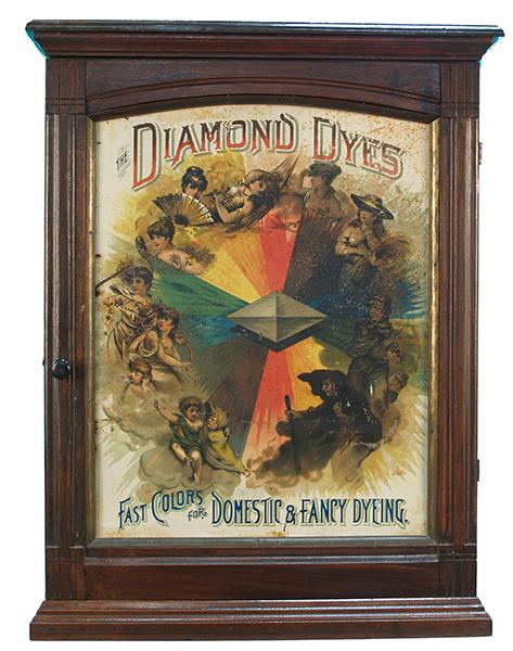 Diamond Dyes Wooden Dye Cabinet,: Diamond Dyes Wooden Dye Cabinet, "Fast Colors For Domestic & Fancy Dyeing" w/ a few product - 23" x 9" x 30" tall
