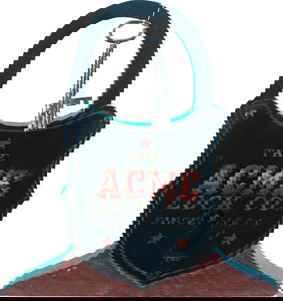 Very Large Cast-Iron "Acme Lock Co." Store Window: Very Large Cast-Iron "Acme Lock Co." Store Window Display w/ large key on wood base, in great condition - 21" tall