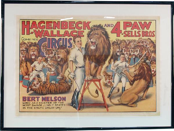 Hagenbeck-Wallace & 4 Paw-Sells Bros. Combined Cir: Hagenbeck-Wallace & 4 Paw-Sells Bros. Combined Circus Lithograph Advertisement Poster in frame - 42" x 29"
