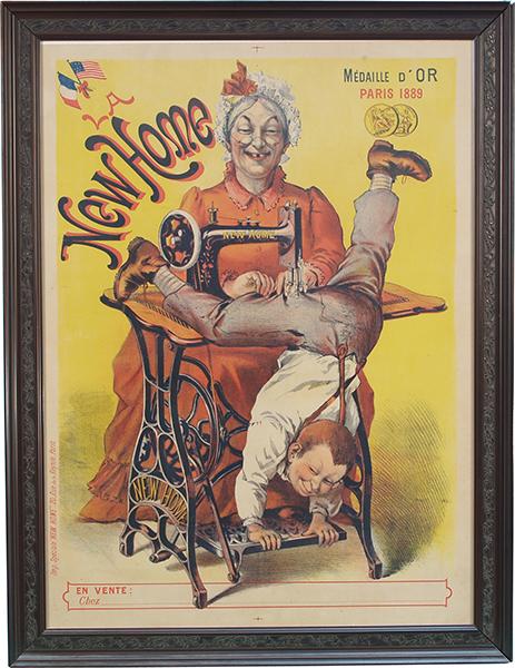 Large New Home Sewing Machine Paper Sign: Large New Home Sewing Machine Paper Sign "Paris 1889" in frame - 28" x 36"