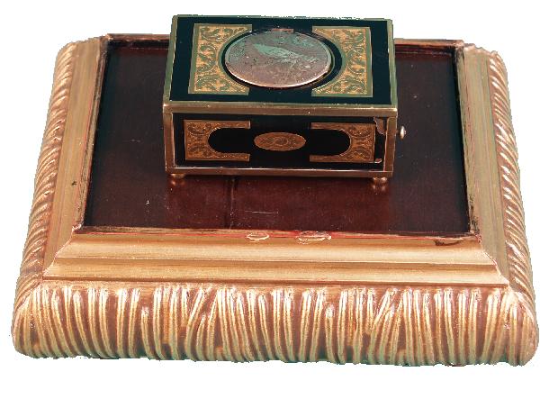 Rare German Antique Music Box Bird Automaton: Rare German Antique Music Box Bird Automaton, circa late 1800's, gold and black case w/ original bird on custom wooden base - 4" x 2-1/2" x 2" tall (music box)