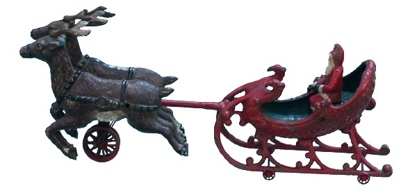 Early Cast-Iron Hubley Santa Claus In Sleigh Toy: Early Cast-Iron Hubley Santa Claus In Sleigh Toy w/ 2 Reindeer - 16" long