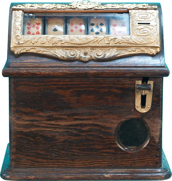 Coin-Op Wooden 5-Reel Caille "Good Luck" Trade Sti: Coin-Op Wooden 5-Reel Caille "Good Luck" Trade Stimulator c1902-1904 (top part of casting is missing/broken)