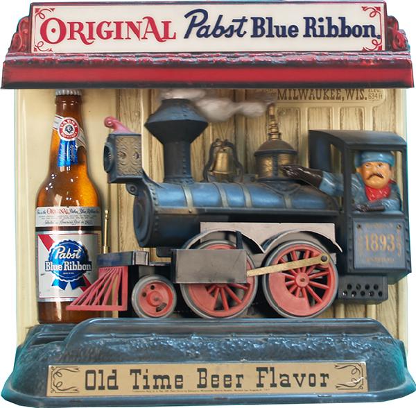 Plastic Light-Up Motion Pabst Blue Ribbon Beer Si: Plastic Light-Up Motion Pabst Blue Ribbon Beer Sign; old locomotive w/ engineer