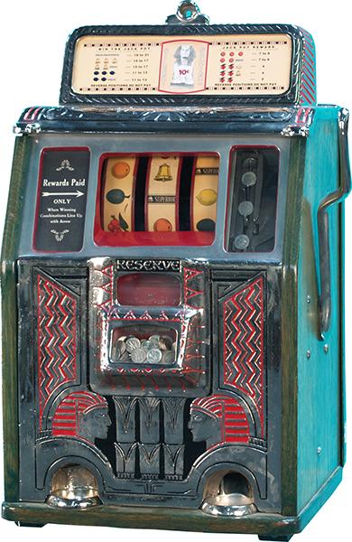 10 Cent Caille "Silent Sphinx" Reserve Jackpot Sl: 10 Cent Caille "Silent Sphinx" Reserve Jackpot Slot Machine w/ original green wood cabinet