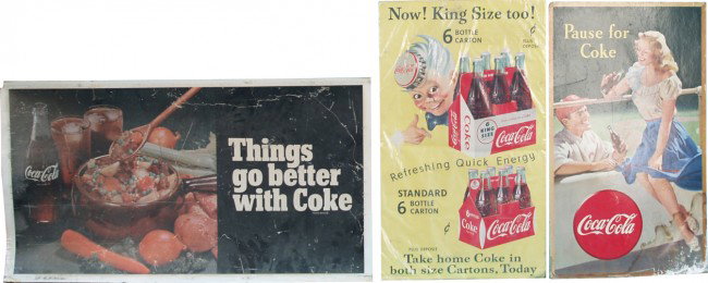 Lot Of 3 Coca Cola Cardboard Signs: Lot Of 3 Coca Cola Cardboard Signs: 1 - "Take Home Coke In Both Size Cartons, Today" w/ Sprite Boy - 16" x 27", 1 - "Pause For Coke" - 16" x 27" & 1 - "Things Go Better With Coke" in original aluminum