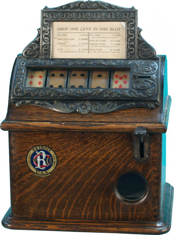 Antique 1 Cent Caille "Good Luck" 5-Reel Poker Hand: Antique 1 Cent Caille "Good Luck" 5-Reel Poker Hand Trade Stimulator c1904 w/ cast-iron front & marquee, in great condition w/ keys