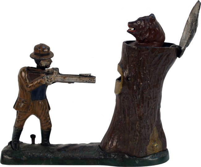 Antique Countertop Cast-Iron "Teddy And The Bear" : Antique Countertop Cast-Iron "Teddy And The Bear" Mechanical Bank by J.E. Stevens Co. c1907