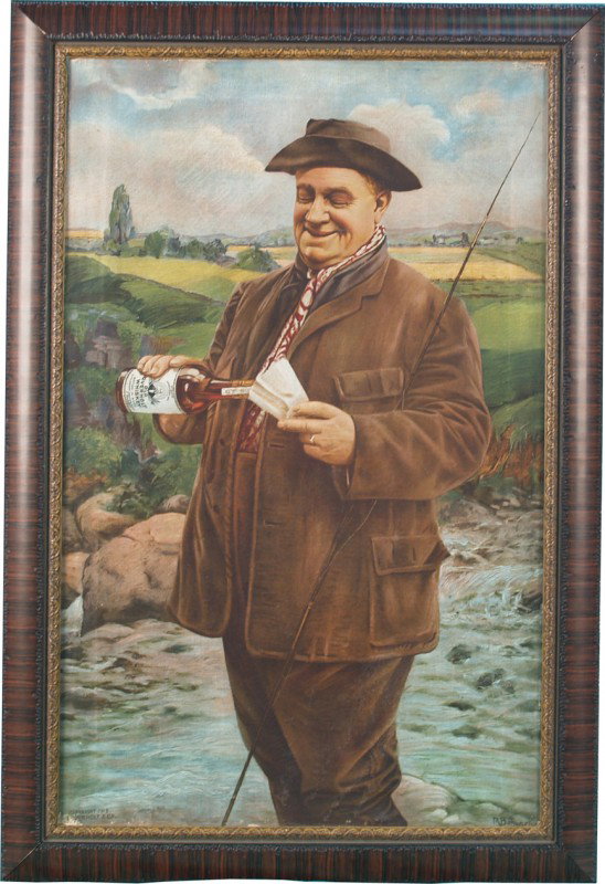 Old Overholt Whiskey Canvas Sign: Old Overholt Whiskey Canvas Sign, depicts man drinking whiskey fly fishing in river, all original, in wood frame - 23" x 34"