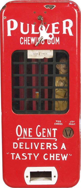 1 Cent Wall Mount Red Porcelain Pulver Chewing Gum: 1 Cent Wall Mount Red Porcelain Pulver Chewing Gum Vending Machine w/ Yellow Kid inside - all original w/ keys