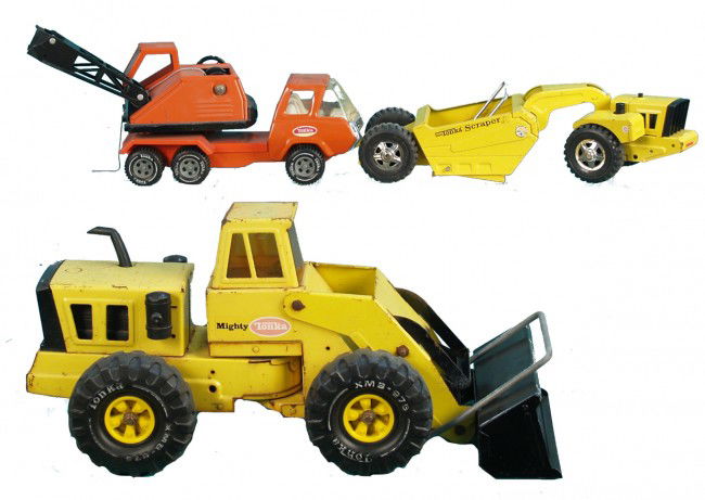 Lot Of 3 Vintage Metal Tonka Toys: Lot Of 3 Vintage Metal Tonka Toys: 1 - orange & black crane mobile dual axle, 1 - Mighty articulated front end loader & 1 - mini scraper
