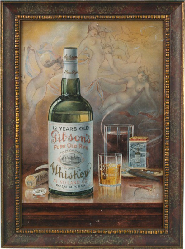John Gibson's Son & Co. Gibsonton, PA. Tin Sign: John Gibson's Son & Co. Gibsonton, PA. Tin Sign, Gibson's Pure Old Rye Whiskey w/ nymph's in the background, all original, in wood frame - 14" x 19"