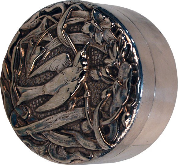 Round Silver Pill Box w/ Embossed Bird On Cover,: Round Silver Pill Box w/ Embossed Bird On Cover, stamped E.P.N.S. c1925