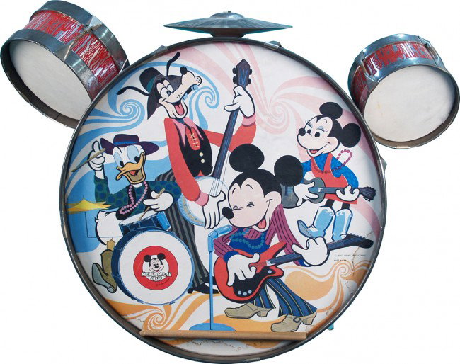 Early Mickey Mouse Club Drum Set: Early Mickey Mouse Club Drum Set Made In USA. Copyright Walt Disney Productions, in good condition has a few water marks